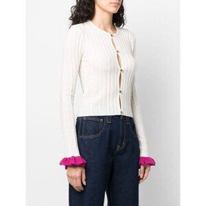 JW Anderson Ruffle-Detail Knitted Cardigan XXS Womens Off-White Pink NWT